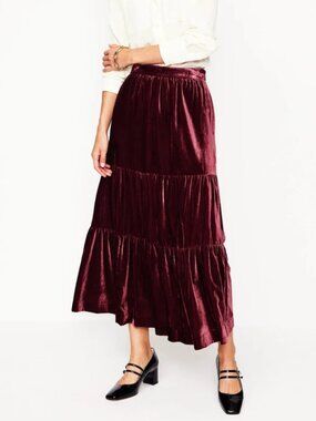 NWT 🌟 BODEN 🌟 VIV VELVET TIERED MAXI SKIRT MAROON SZ 6